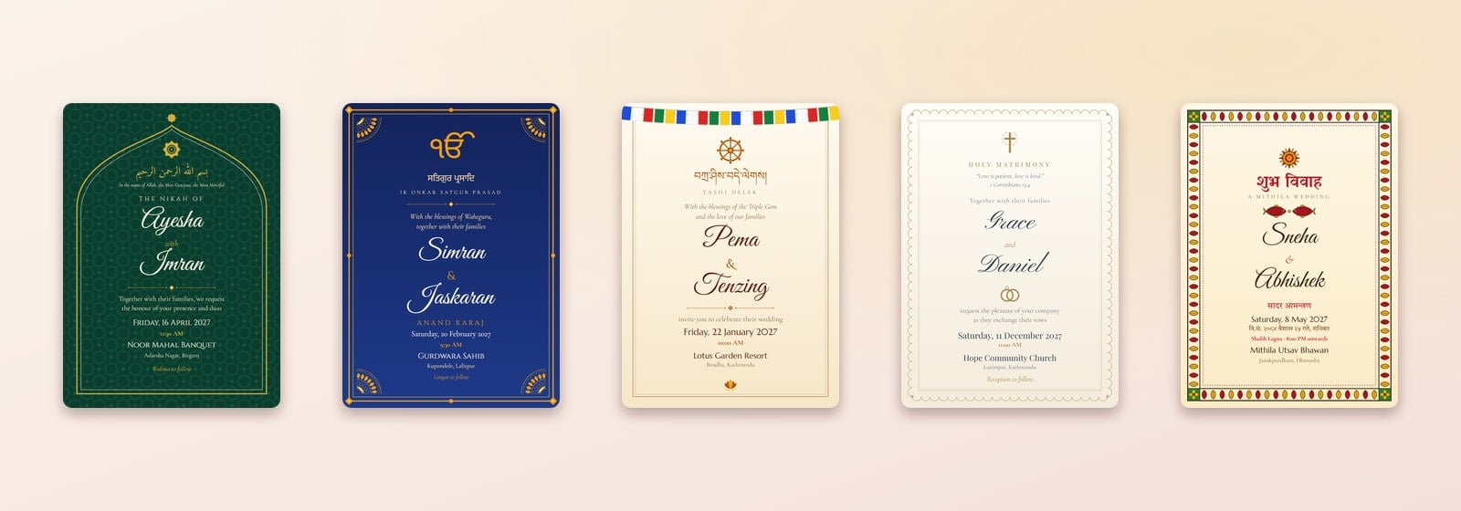 Emerald Nikah, royal blue Anand Karaj, Tashi Delek prayer flag, ivory lace and Mithila Madhubani wedding cards