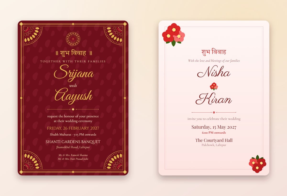 Rajwada Royal maroon and gold wedding card beside a Lali Gurans rhododendron card