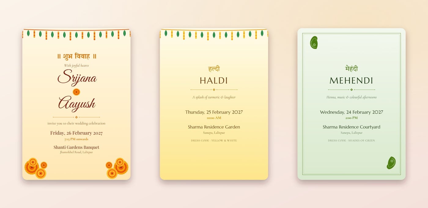 Marigold Garden wedding card with yellow Haldi and green Mehendi ceremony pages