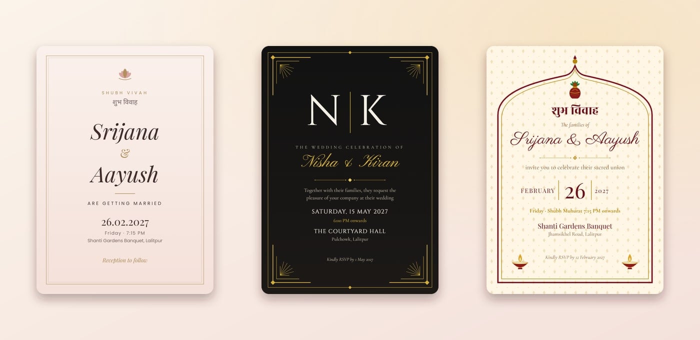 Blush minimal, black and gold monogram, and ivory mandap wedding cards